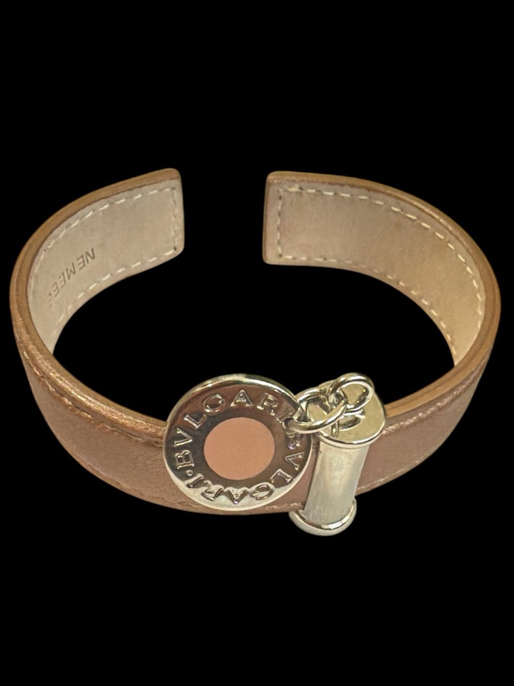 Bulgari Brown Bronze Leather Charm Cuff Bracelet Silver Hardware Preowned